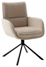 Beiger Armlehnstuhl mit gepolstertem Sitz und Rückenlehne, auf schwarzem Metallgestell, seitliche Perspektive