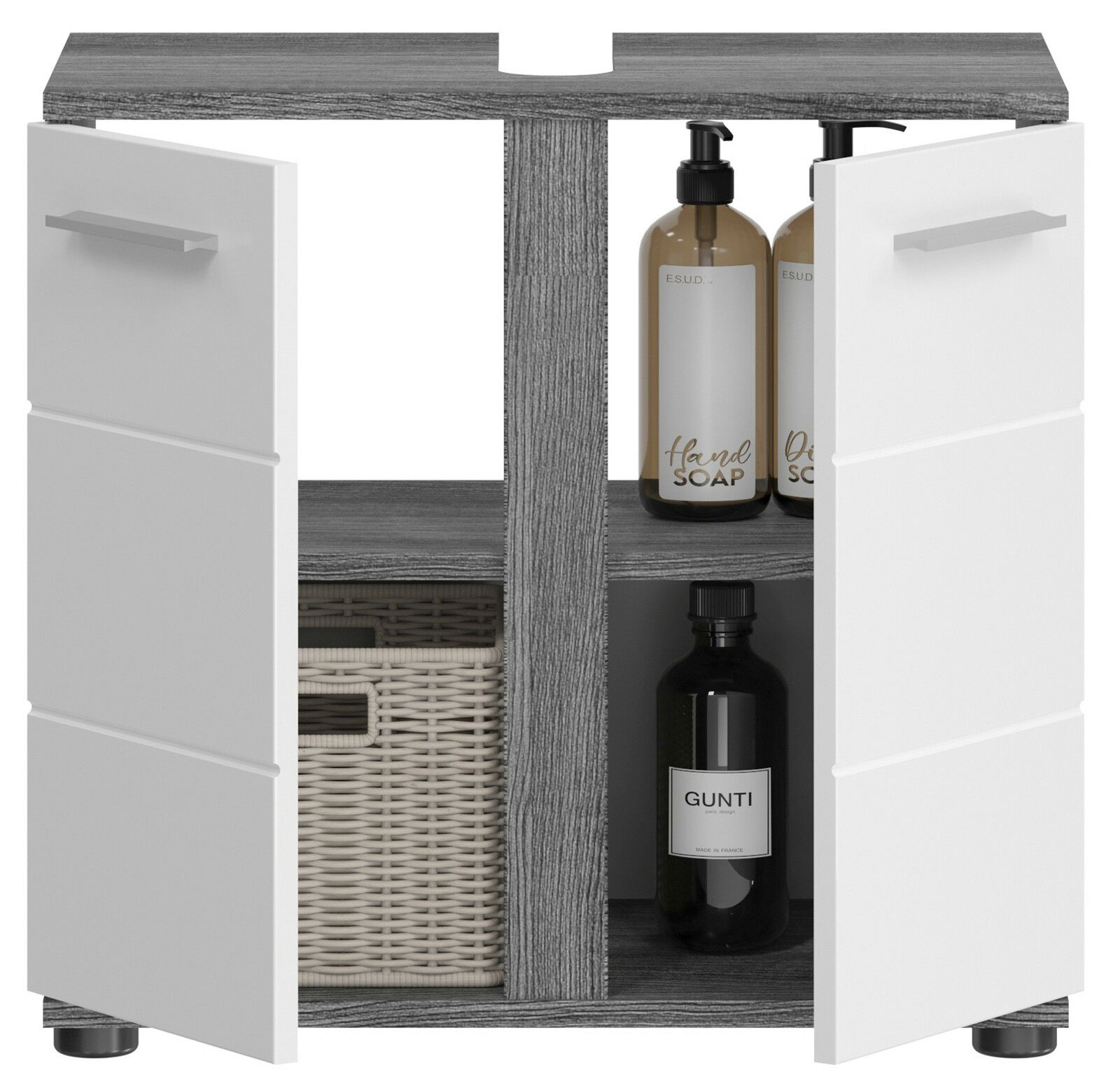 Waschbeckenunterschrank mit zwei offenen Türen, graue Holzoptik, weiße Fronten, gefüllt mit Seifenspendern und einem Korb, Frontalansicht.