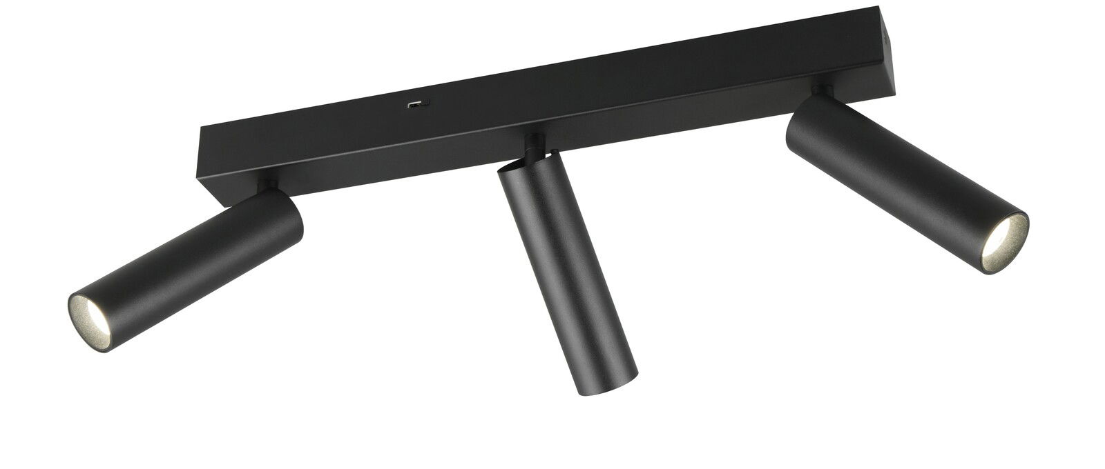 Schwarzer Deckenstrahler mit drei verstellbaren zylindrischen Leuchten, seitliche Perspektive