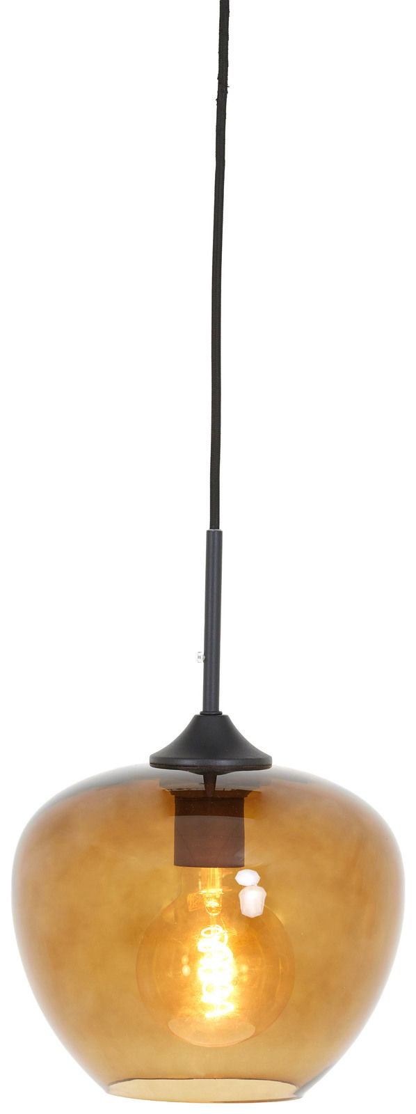 Hängeleuchte mit bernsteinfarbenem Glasschirm und sichtbarer Glühbirne, seitliche Perspektive