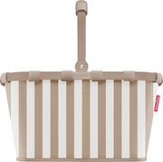 Beige-weiß gestreifter Einkaufskorb von reisenthel mit klappbarem Griff, Frontansicht vor weißem Hintergrund