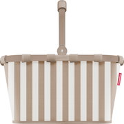Beige-weiß gestreifter Einkaufskorb von reisenthel mit klappbarem Griff, Frontansicht vor weißem Hintergrund