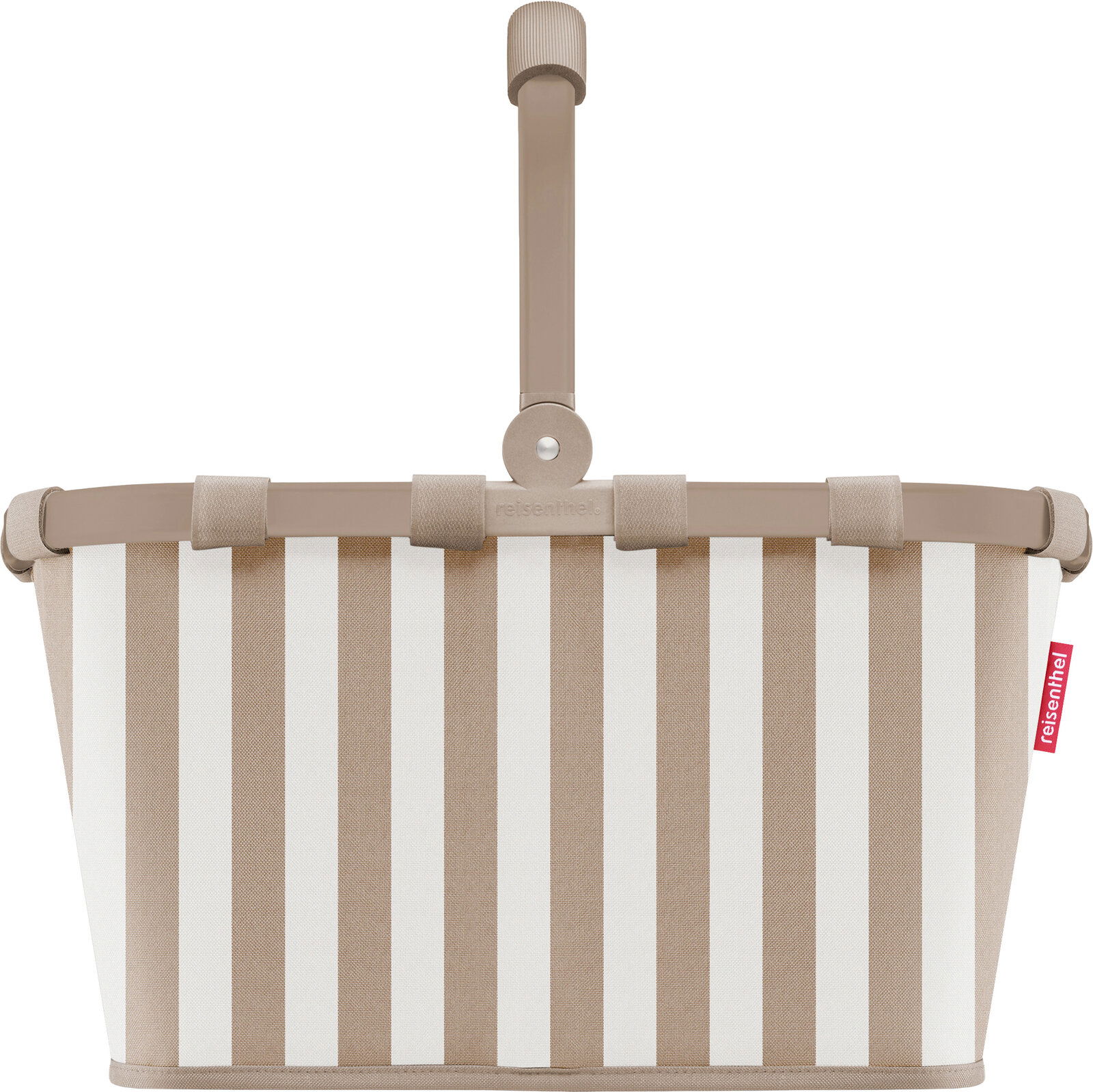 Beige-weiß gestreifter Einkaufskorb von reisenthel mit klappbarem Griff, Frontansicht vor weißem Hintergrund