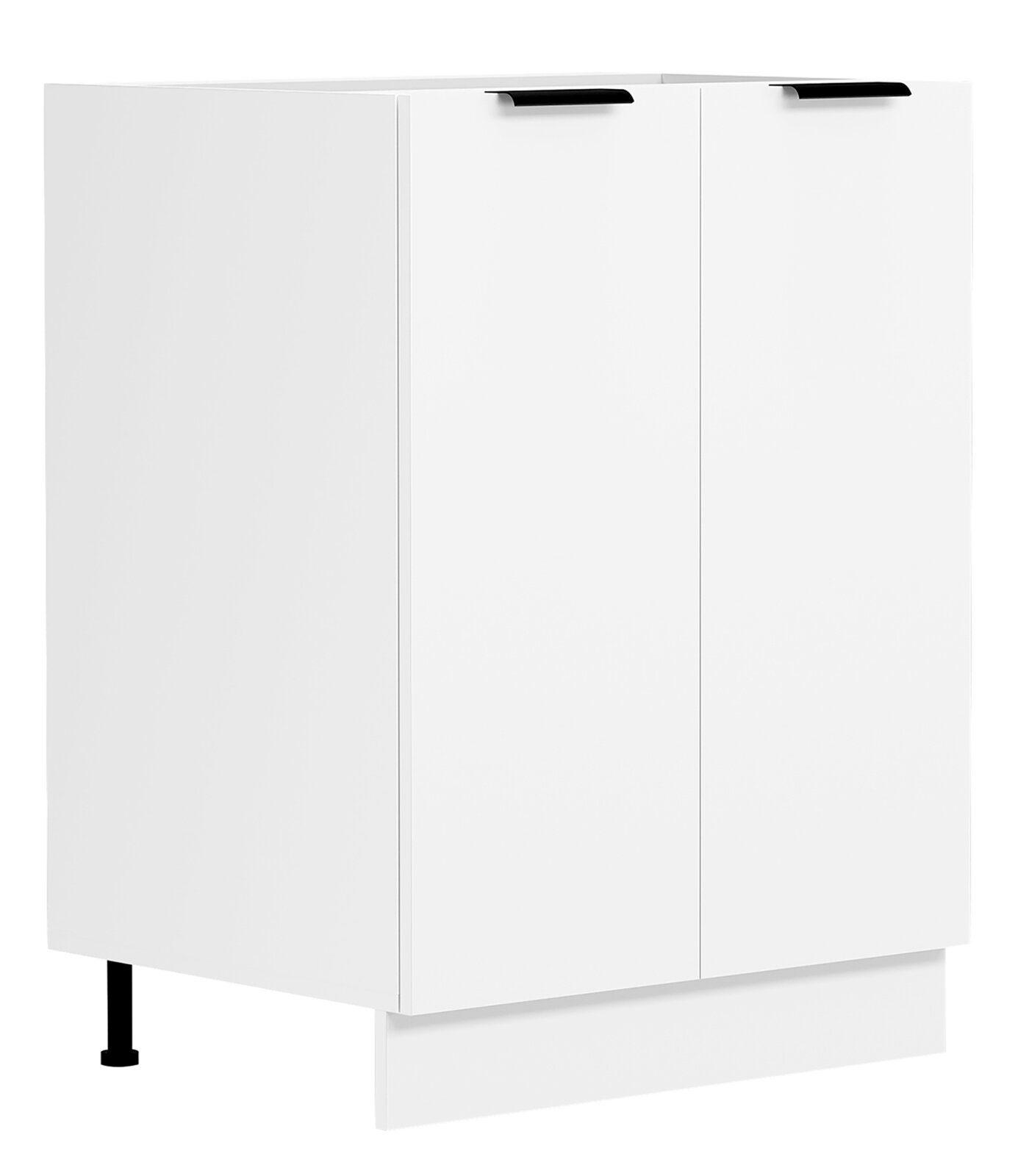 VCM Unterschrank 60 cm FASOLA Weißer Unterschrank mit drei Türen und schwarzen Griffleisten, auf schwarzen Füßen, in leichter Frontansicht schräg von rechts fotografiert.