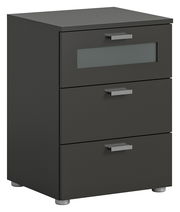 Moderne Nachtkommode mit drei Schubladen, dunkles Design, Frontansicht