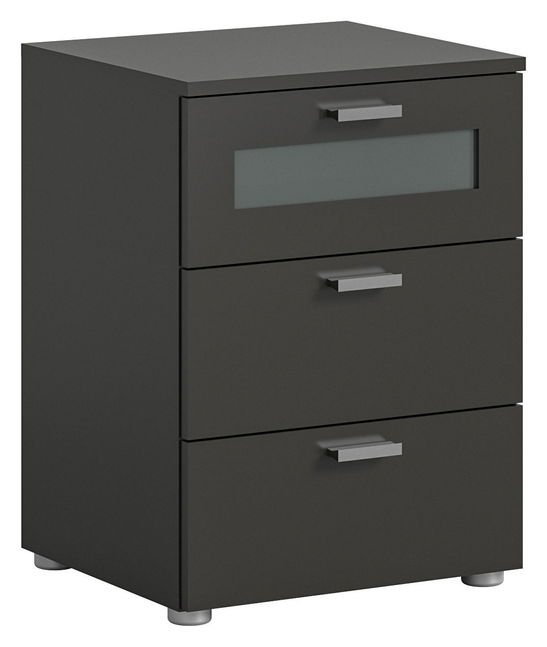 Moderne Nachtkommode mit drei Schubladen, dunkles Design, Frontansicht