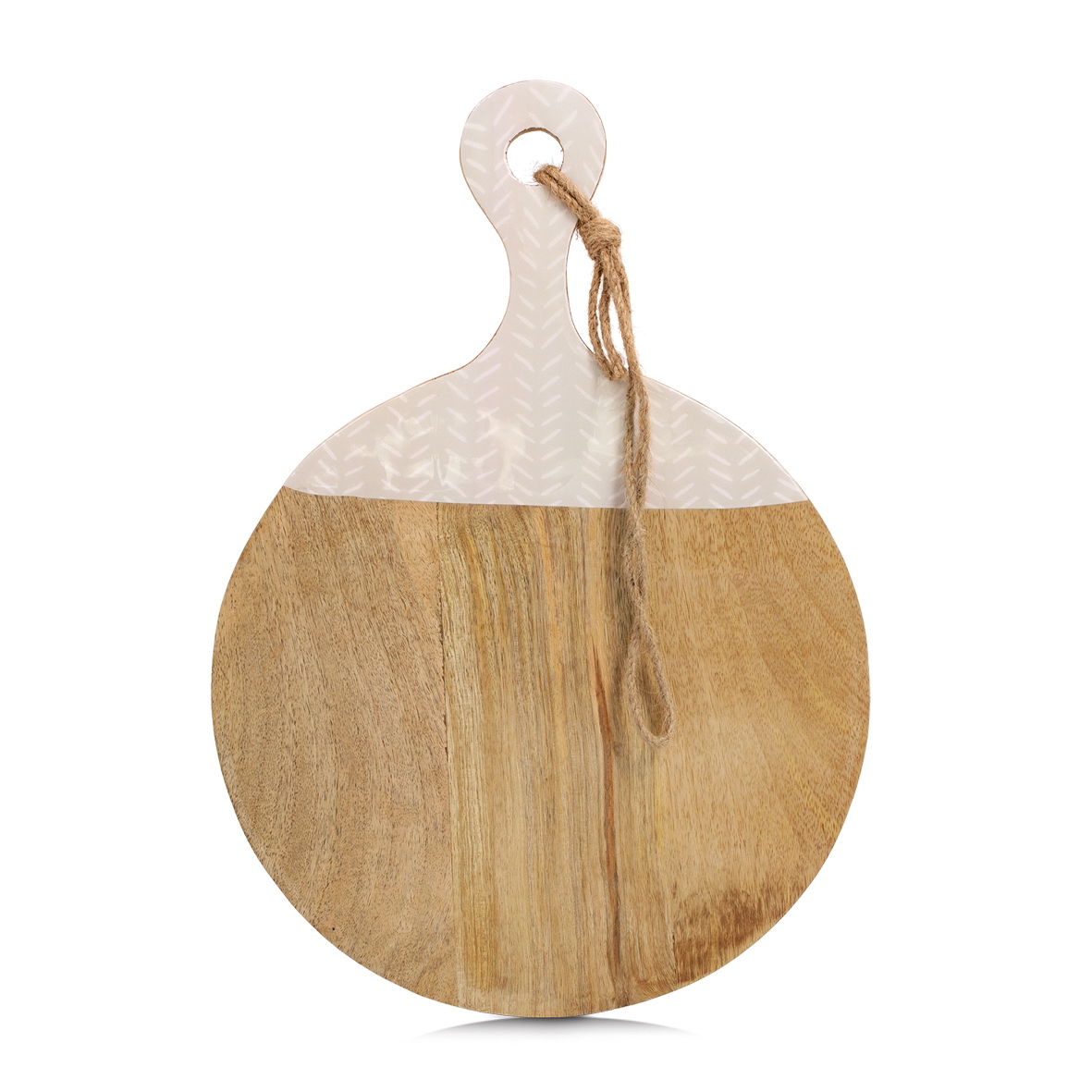 Rundes Schneide- und Servierbrett aus Mangoholz mit dekorativem Griff und Kordel, Vorderansicht
