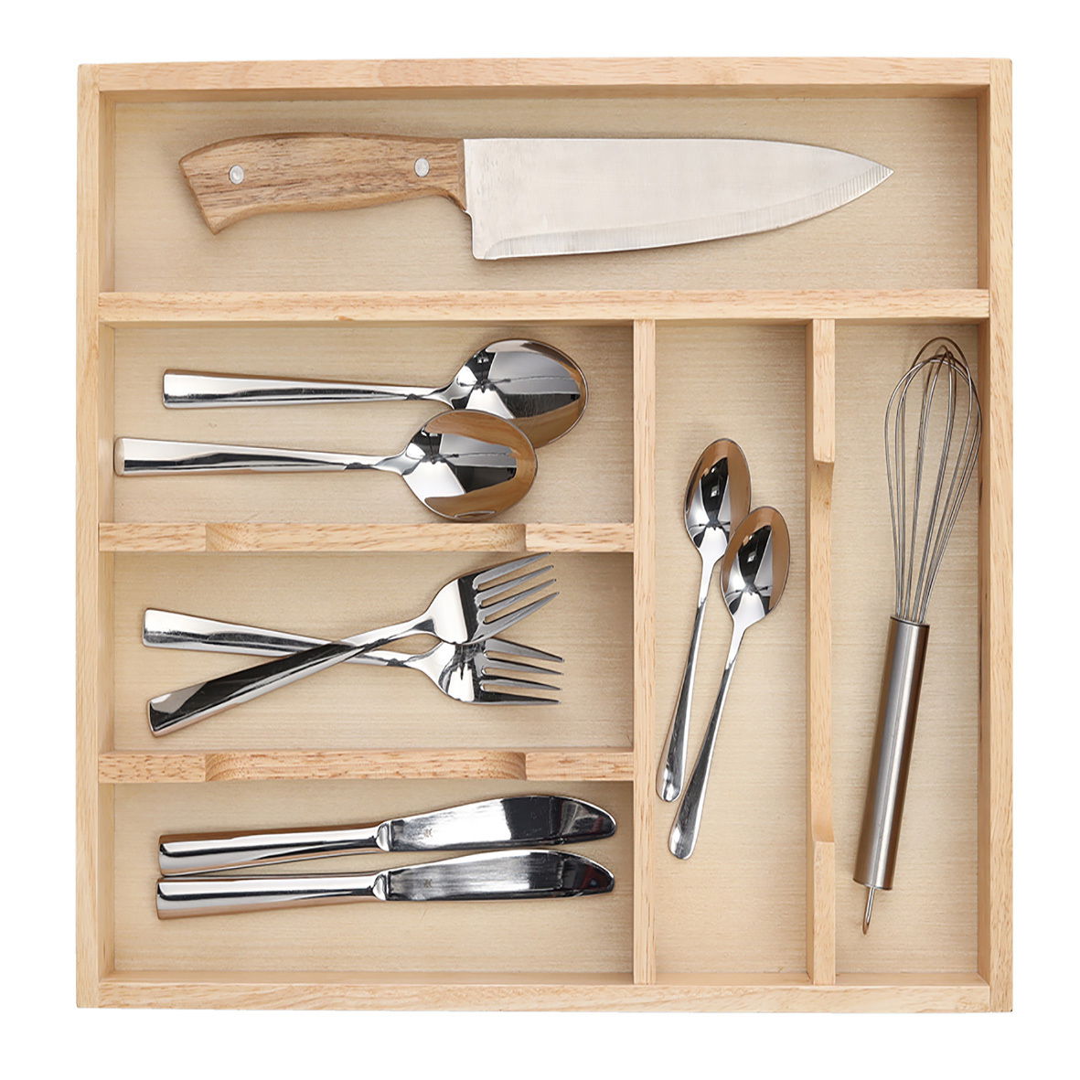 Zeller Present Besteckkasten Vogelperspektive auf einen Besteckkasten aus Holz mit Messer, Löffeln, Gabeln und Schneebesen.