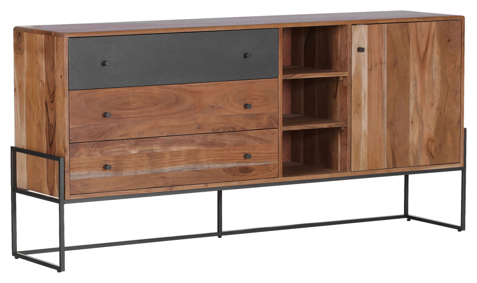 Modernes Sideboard aus Holz mit Metallgestell, Schubladen und offenen Fächern, seitliche Perspektive