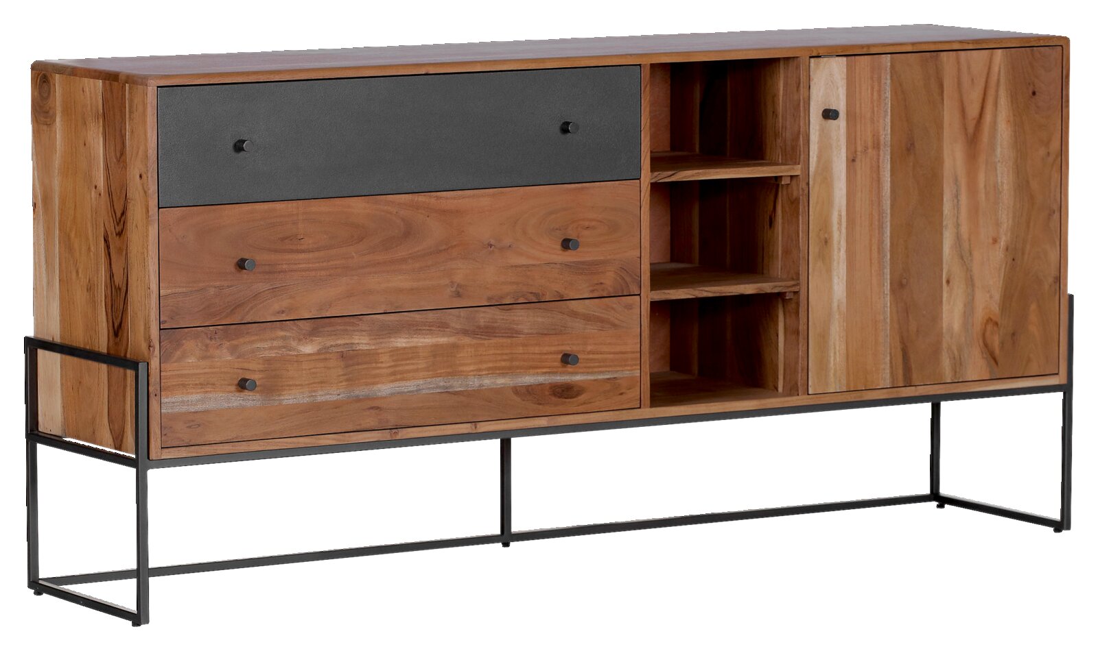 Modernes Sideboard aus Holz mit Metallgestell, Schubladen und offenen Fächern, seitliche Perspektive