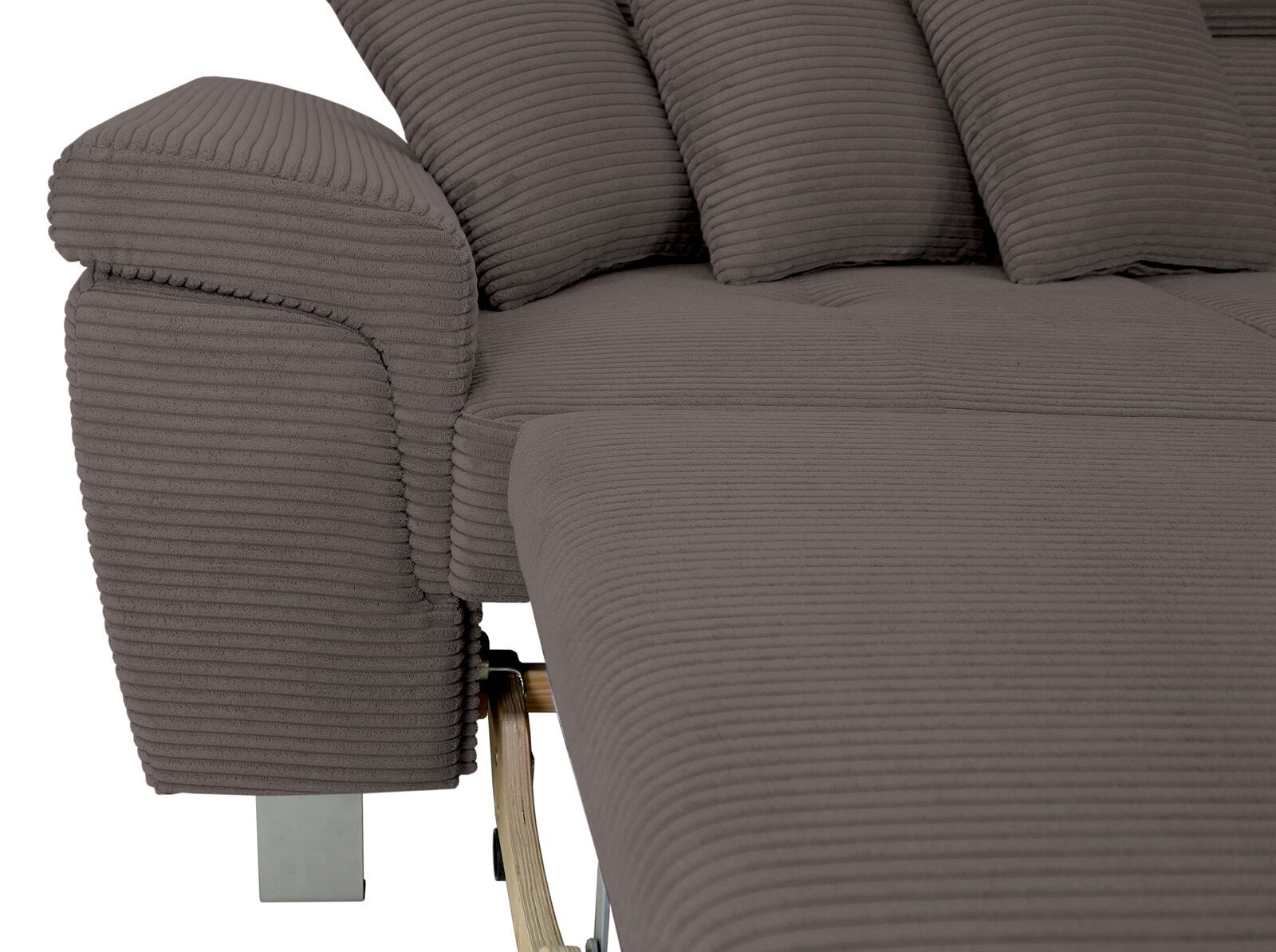 Nahaufnahme eines grauen Ecksofas mit geripptem Stoffbezug und Kissen, seitliche Perspektive