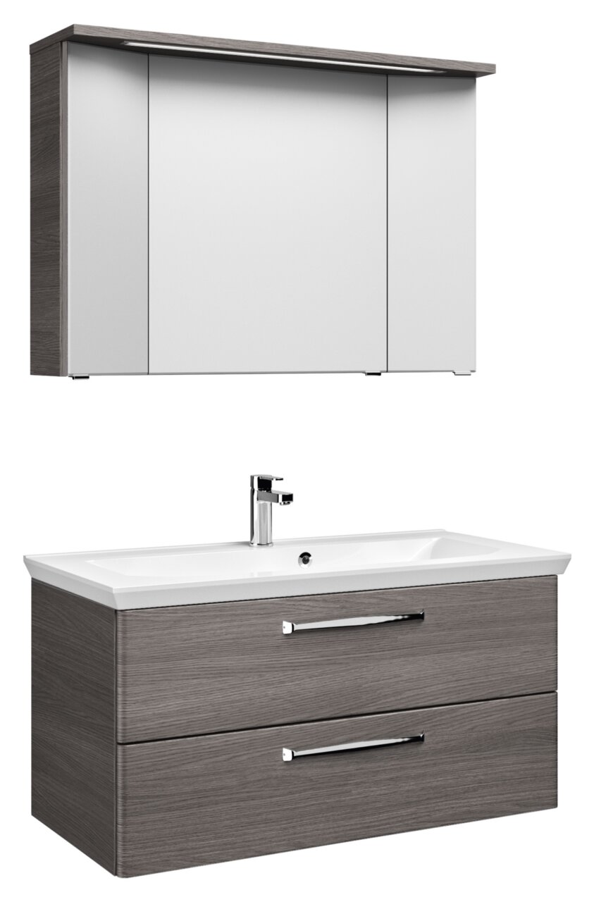 Pelipal Badblock 110cm TRENTINO Moderner Badblock mit Spiegelschrank und Waschbeckenunterschrank in Holzoptik, Frontalansicht