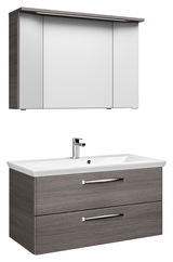 Moderner Badblock mit Spiegelschrank und Waschbeckenunterschrank in Holzoptik, Frontalansicht