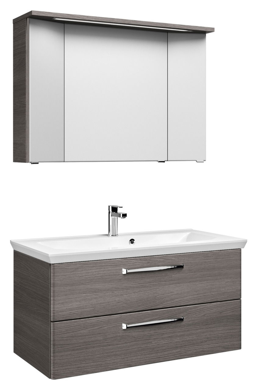 Moderner Badblock mit Spiegelschrank und Waschbeckenunterschrank in Holzoptik, Frontalansicht