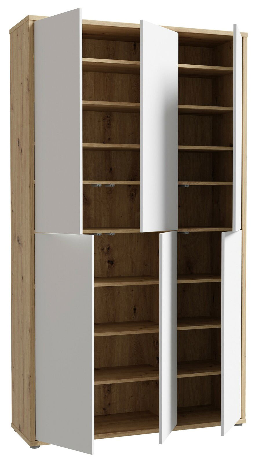 XXL-Schuhschrank mit sechs Türen, teilweise geöffnet, in Holzoptik mit weißen Fronten, frontale Ansicht