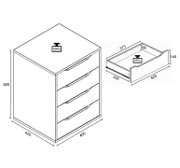 Technische Strichzeichnung einer kompakten Kommode mit 4 Schubladen, Maße ca. 605 x 460 x 420 mm, dargestellt in schräger Vorderansicht; daneben Detailansicht einer Schublade mit Maßen (ca. 425 x 373 x 140 mm) und Belastungsangaben (15 kg oben, 5 kg pro S