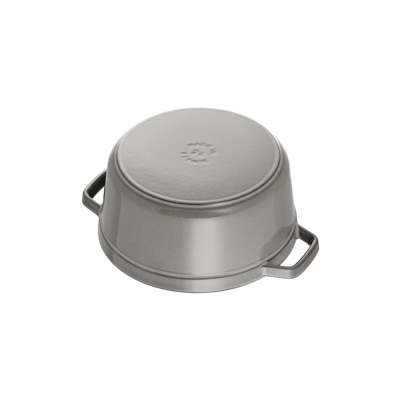 Grauer Bräter Cocotte 24cm rund, von unten fotografiert mit sichtbaren Griffen.