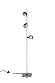 Moderne Stehleuchte mit drei verstellbaren Leuchtköpfen in mattem Schwarz und Metalloptik, seitliche Perspektive.