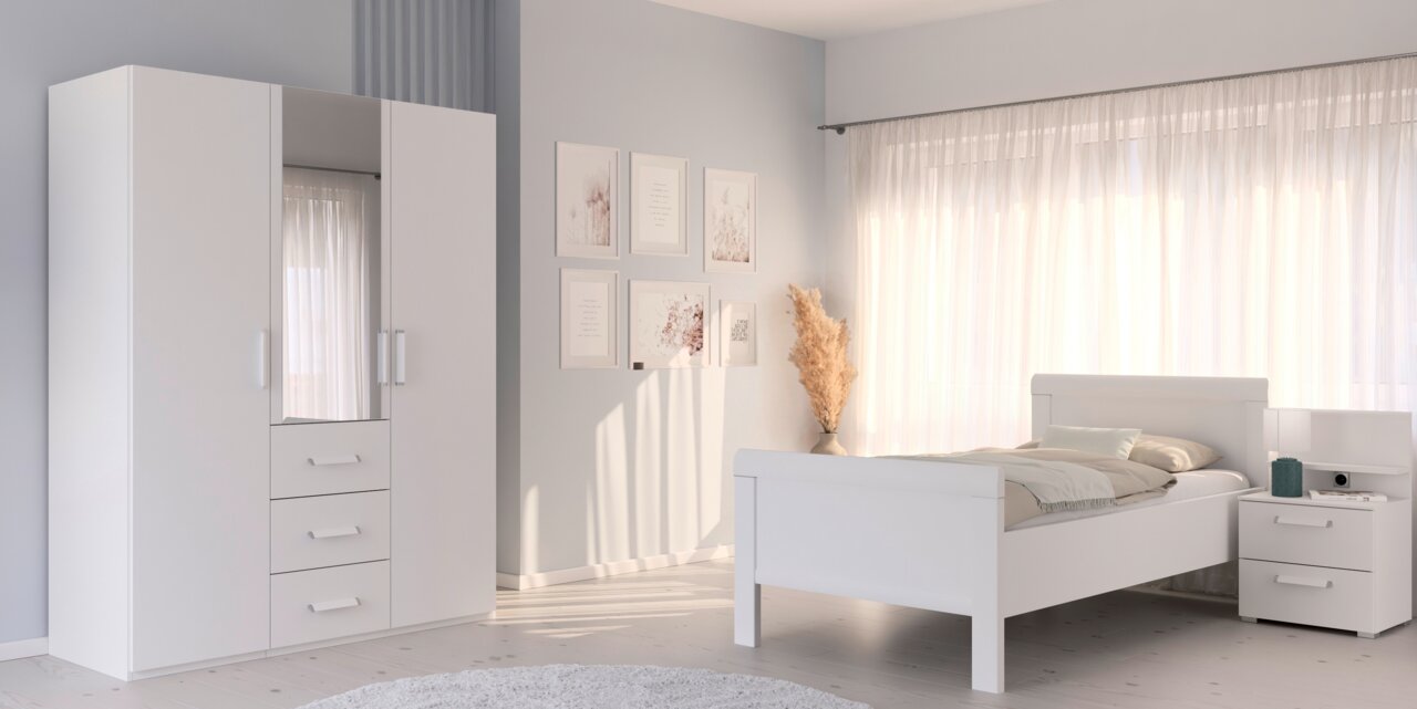 Drehtürenschrank 3-türig in einem modernen Schlafzimmer, seitliche Perspektive