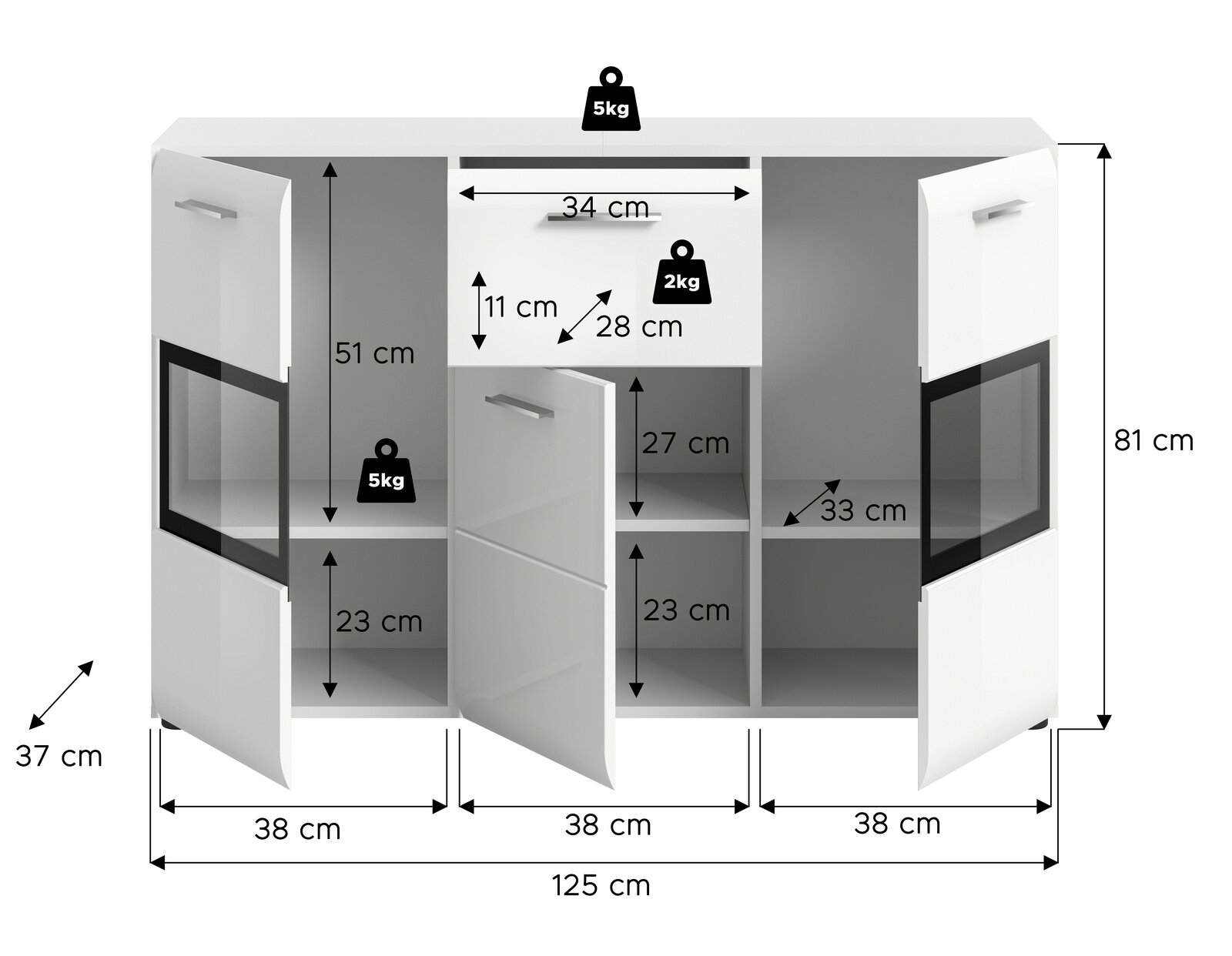 Weißes Sideboard mit drei geöffneten Türen, zwei Glaseinsätzen und Maßangaben (125 x 81 x 37 cm), Frontansicht mit leicht schräger Perspektive.