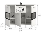 Weißes Sideboard mit drei geöffneten Türen, zwei Glaseinsätzen und Maßangaben (125 x 81 x 37 cm), Frontansicht mit leicht schräger Perspektive.