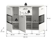 Weißes Sideboard mit drei geöffneten Türen, zwei Glaseinsätzen und Maßangaben (125 x 81 x 37 cm), Frontansicht mit leicht schräger Perspektive.