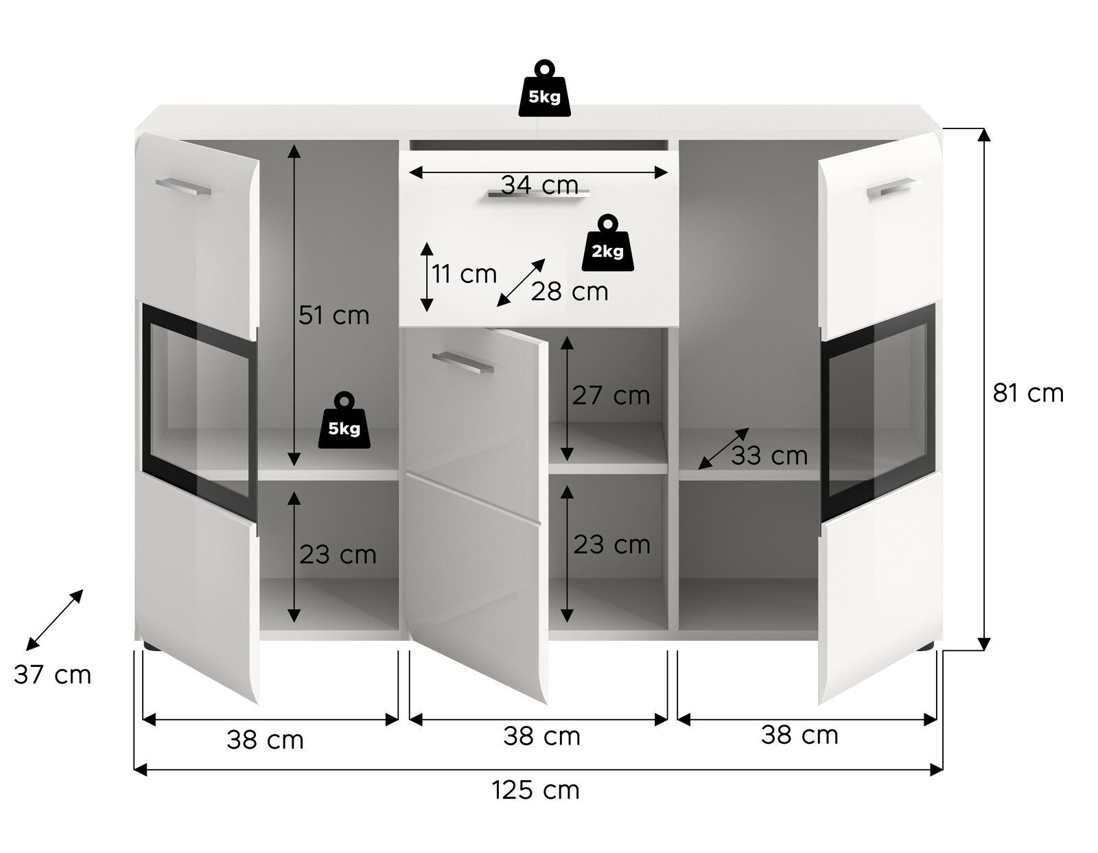 Weißes Sideboard mit drei geöffneten Türen, zwei Glaseinsätzen und Maßangaben (125 x 81 x 37 cm), Frontansicht mit leicht schräger Perspektive.