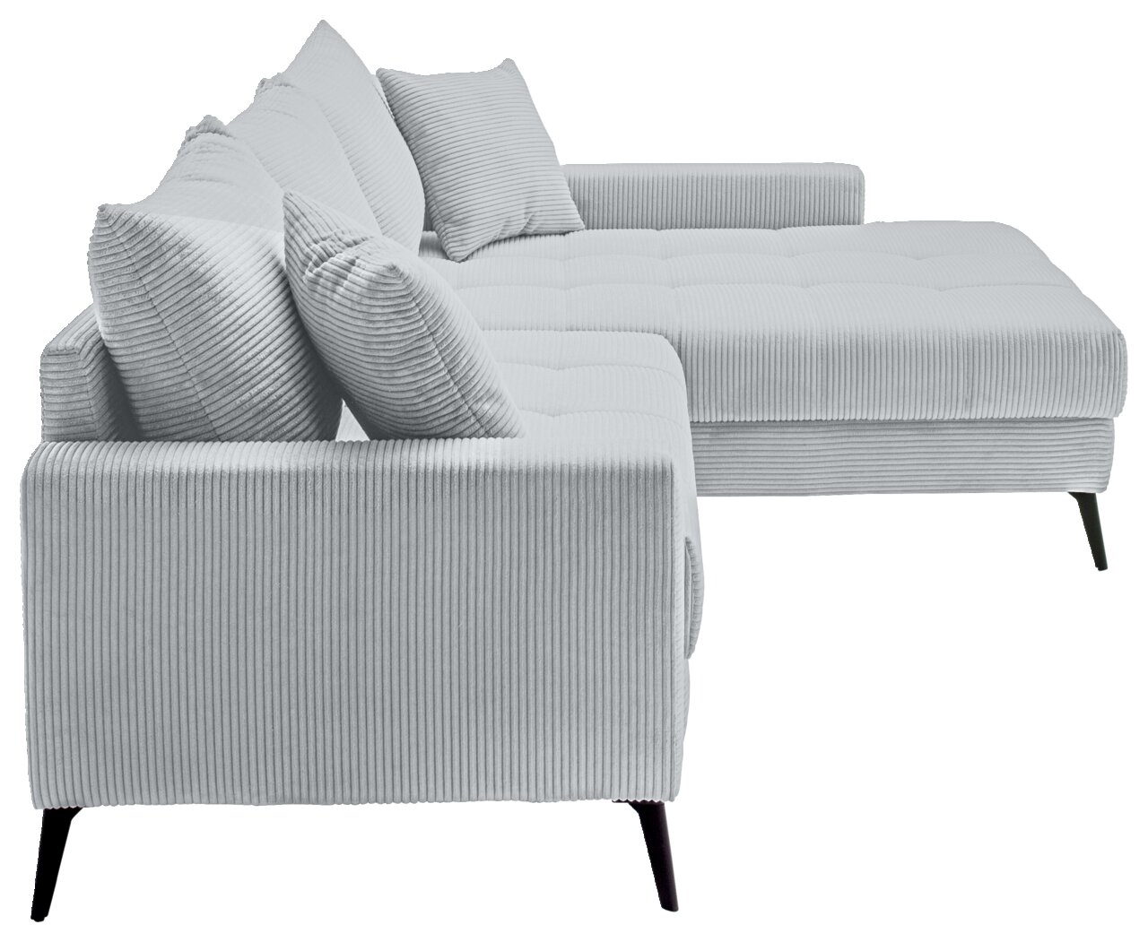 Graues Ecksofa mit Rillenstruktur, rechte Seite, seitliche Perspektive