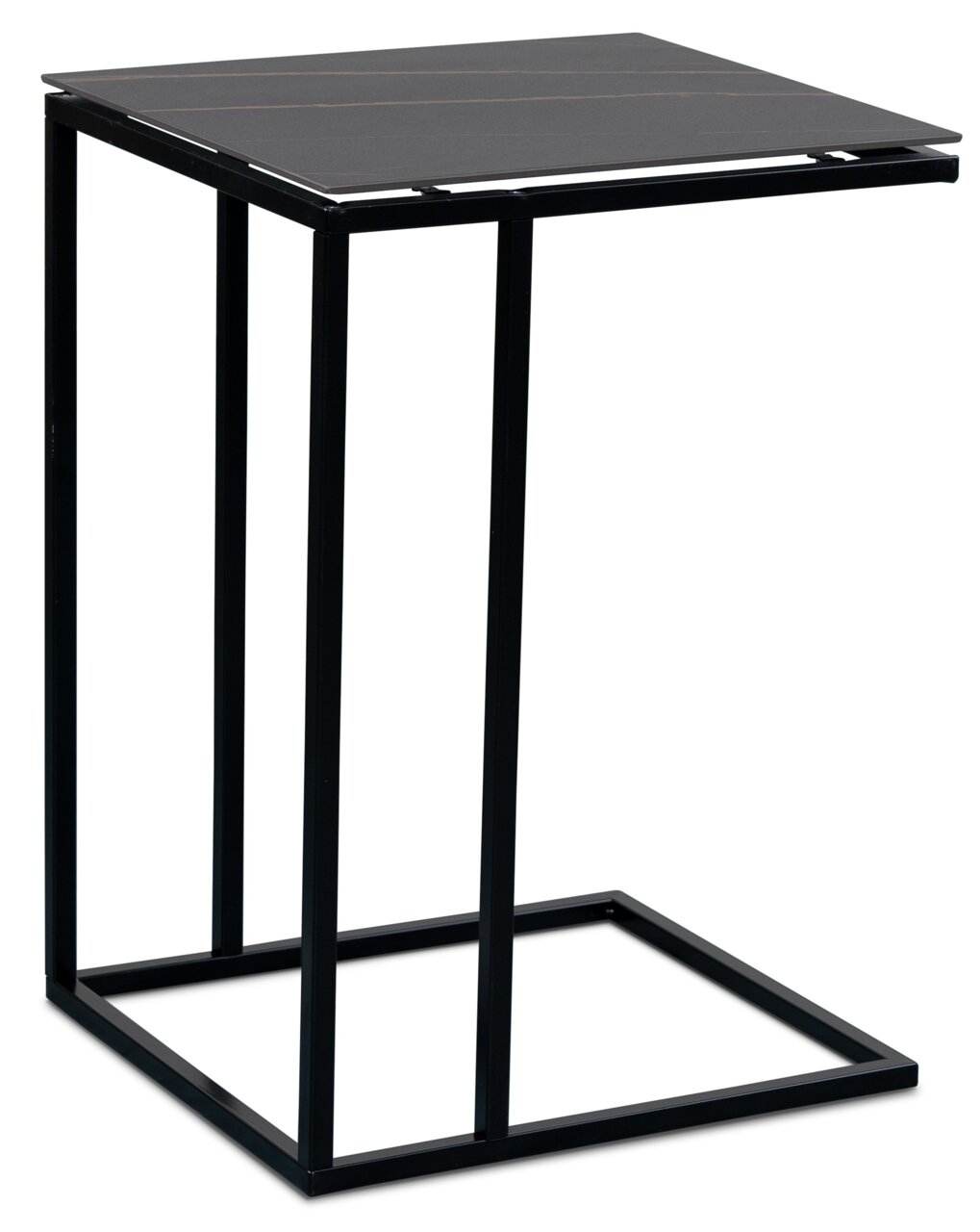 Moderner Beistelltisch mit schwarzem Metallrahmen und quadratischer Tischplatte, seitliche Perspektive.