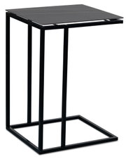 Moderner Beistelltisch mit schwarzem Metallrahmen und quadratischer Tischplatte, seitliche Perspektive.