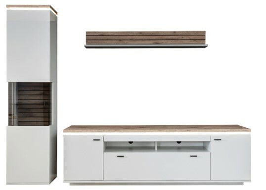Stylife Wandkombination ESTEPONA Moderne Wandkombination ESTEPONA in Weiß mit Holzdetails, bestehend aus einem hohen Schrank, einem TV-Board und einem Wandregal. Frontalansicht.