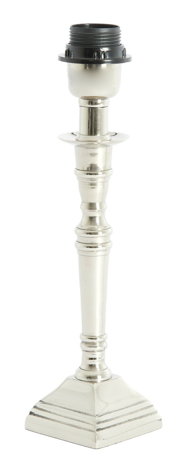 Eleganter Lampenfuß aus Nickel mit klassischem Design, frontal abgebildet.