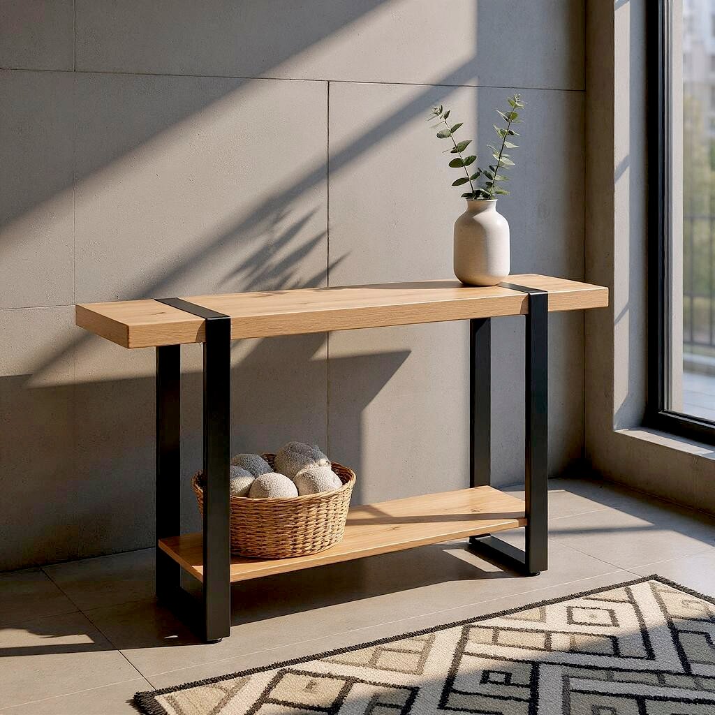Moderner Konsolentisch aus hellem Holz mit schwarzem Metallgestell und unterer Ablage, im schrägen Seitenblick vor einer Wand platziert; oben steht eine weiße Vase, unten ein Korb.