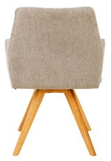 Rückansicht eines Armlehnstuhls mit beigem Stoffbezug und Holzbeinen