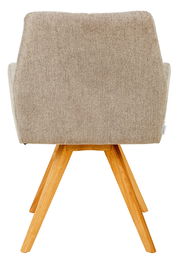 Rückansicht eines Armlehnstuhls mit beigem Stoffbezug und Holzbeinen