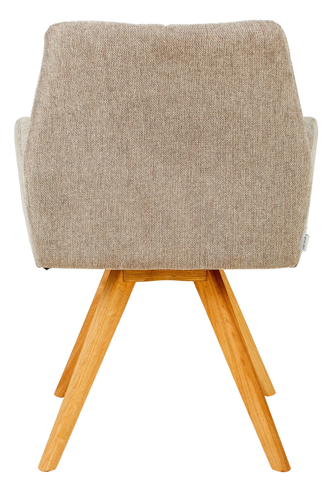 Rückansicht eines Armlehnstuhls mit beigem Stoffbezug und Holzbeinen