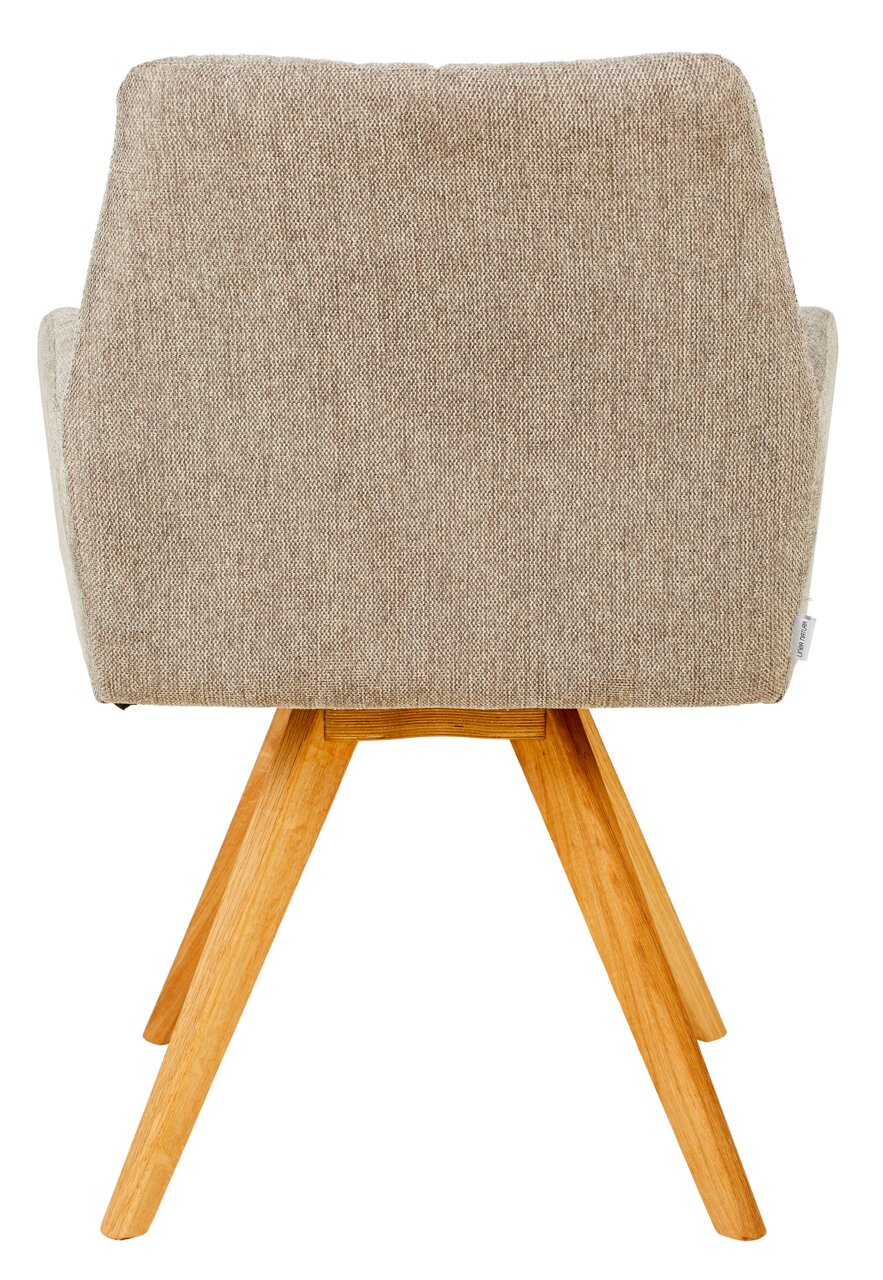 Linea Natura Armlehnstuhl PISA Rückansicht eines Armlehnstuhls mit beigem Stoffbezug und Holzbeinen