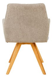 Rückansicht eines Armlehnstuhls mit beigem Stoffbezug und Holzbeinen