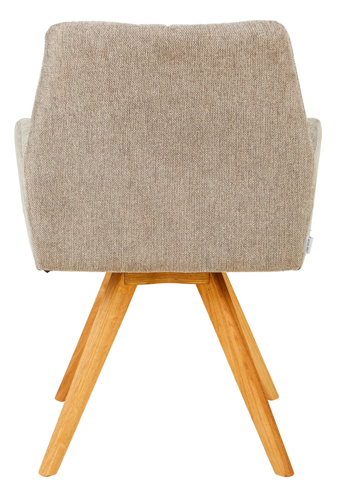 Rückansicht eines Armlehnstuhls mit beigem Stoffbezug und Holzbeinen