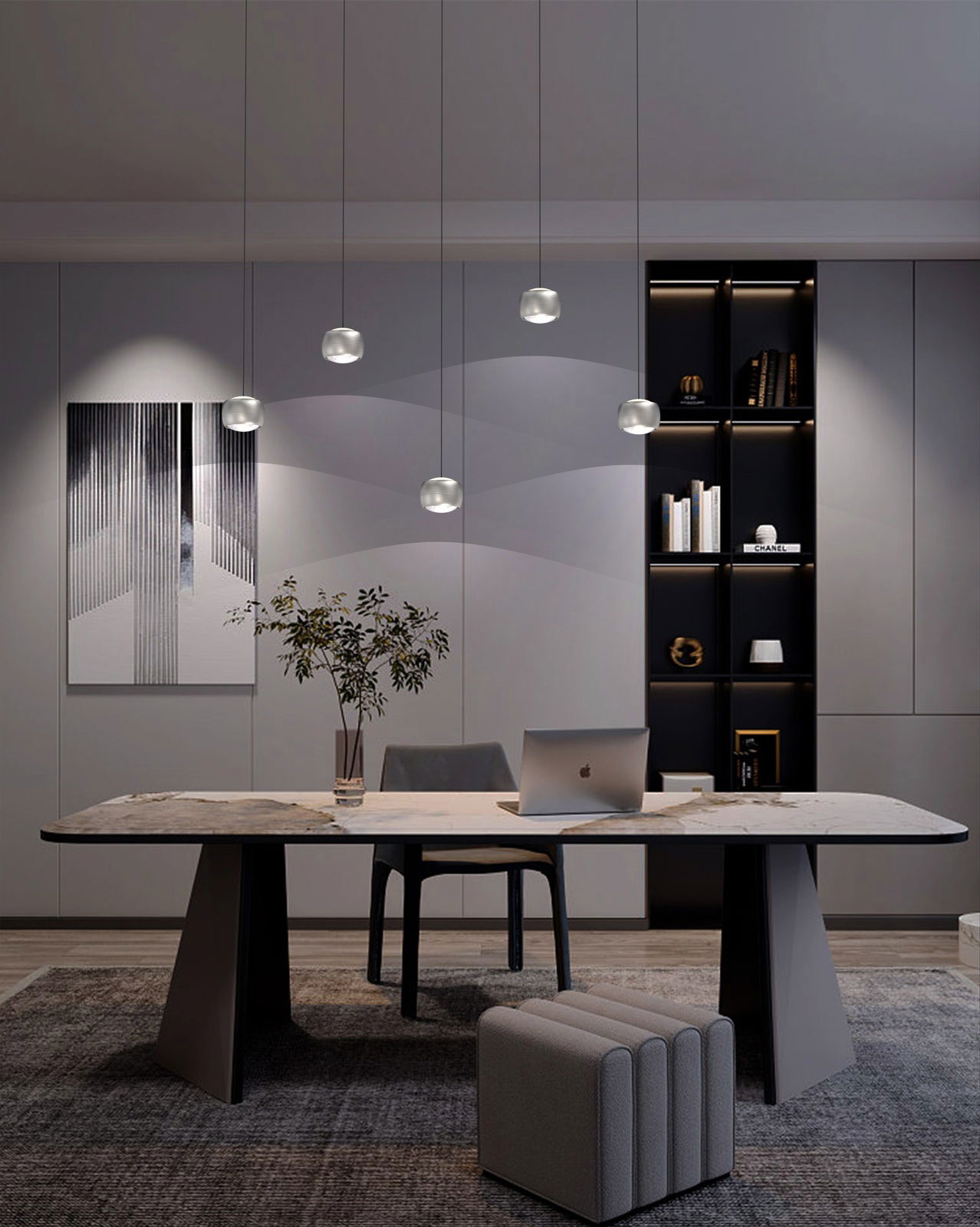 Moderne LED-Pendelleuchte in einem stilvollen Büro, von vorne betrachtet, mit mehreren hängenden Leuchten über einem eleganten Tisch.