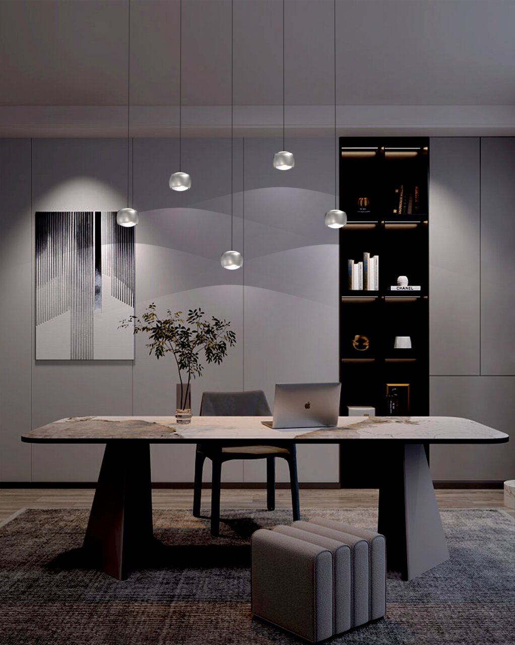 Moderne LED-Pendelleuchte in einem stilvollen Büro, von vorne betrachtet, mit mehreren hängenden Leuchten über einem eleganten Tisch.