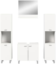 Frontale Ansicht der Badkombination BOSTON mit zwei hohen Schränken, einem Waschbeckenunterschrank und einem Spiegel, alle in modernem Weiß.