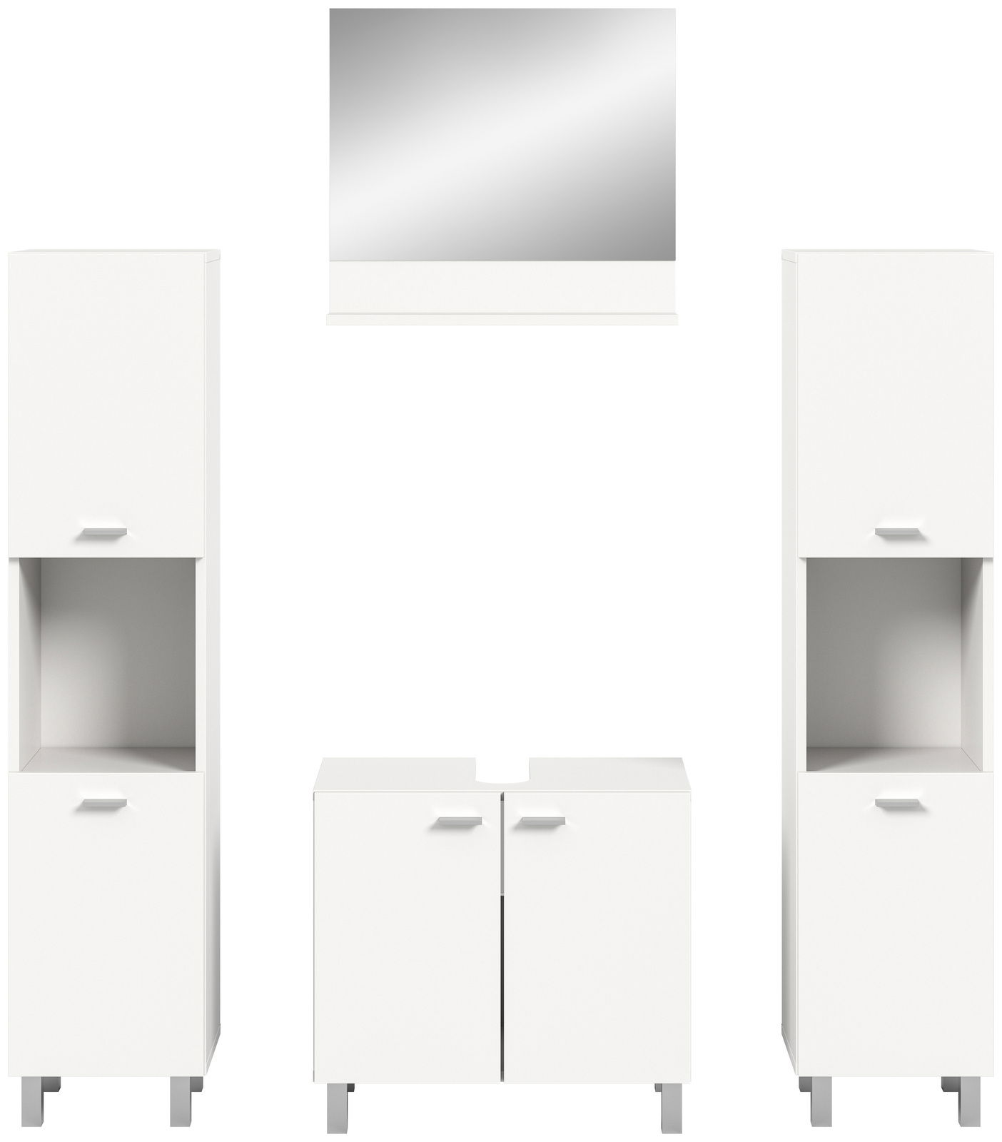 Frontale Ansicht der Badkombination BOSTON mit zwei hohen Schränken, einem Waschbeckenunterschrank und einem Spiegel, alle in modernem Weiß.
