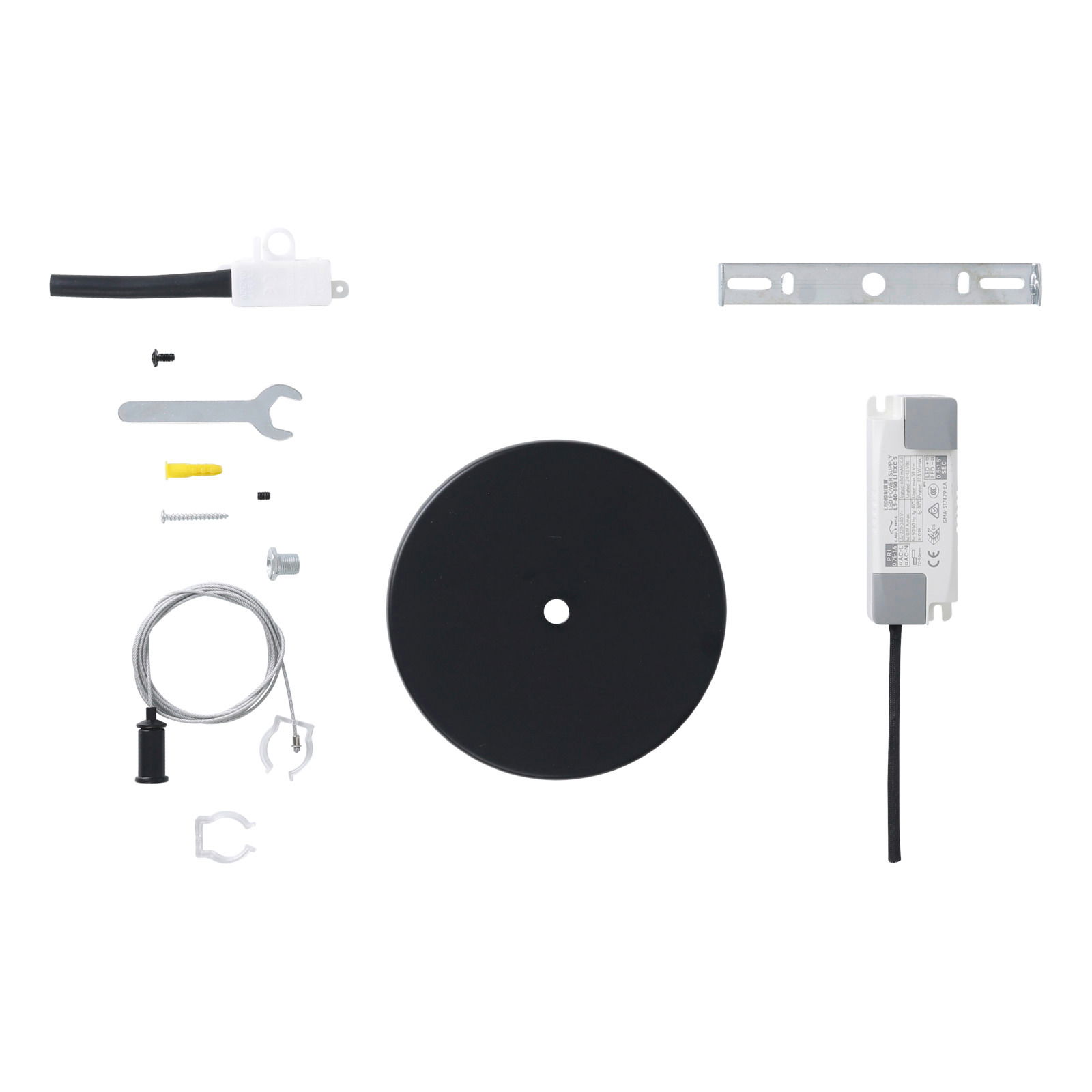 Verschiedene Komponenten eines LED-Lichtschlauch-Sets, darunter ein schwarzer runder Sockel, ein Netzteil, Kabel und Befestigungselemente, aus der Vogelperspektive.