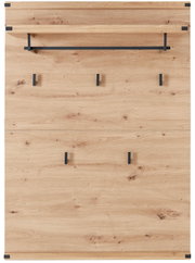 Garderobenpaneel aus Holz mit mehreren Haken und einer Ablage, frontale Ansicht