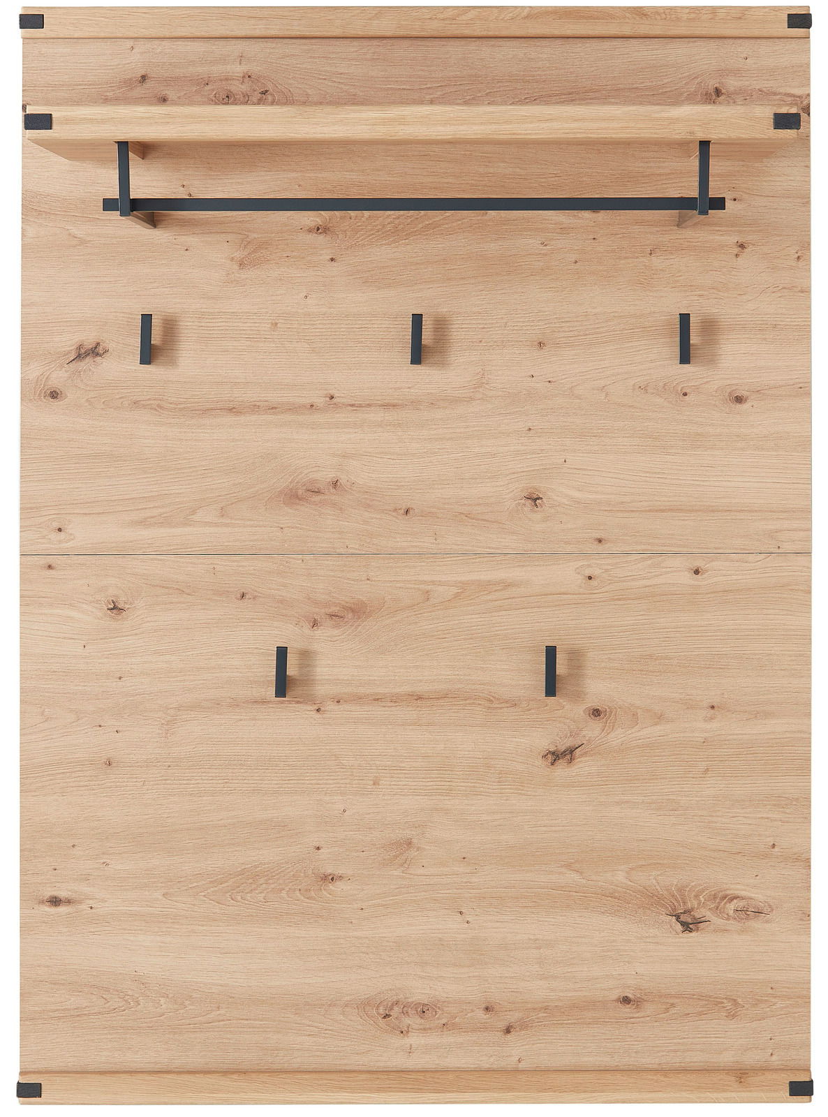 Garderobenpaneel aus Holz mit mehreren Haken und einer Ablage, frontale Ansicht