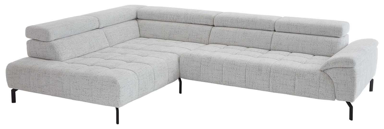 Beldomo Style Ecksofa VEGAS Graue Eckgarnitur mit verstellbaren Kopfstützen und modernen schwarzen Beinen, seitliche Perspektive