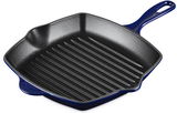 Quadratische Grillpfanne aus Gusseisen mit Rillen, blaue Außenseite, Draufsicht