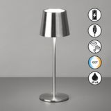 Moderne Akku-Tischleuchte ROXI aus Metall in seitlicher Perspektive mit Touch-Bedienung, USB-Anschluss und CCT-Funktion.