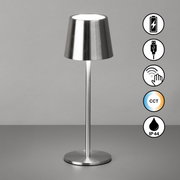 Moderne Akku-Tischleuchte ROXI aus Metall in seitlicher Perspektive mit Touch-Bedienung, USB-Anschluss und CCT-Funktion.